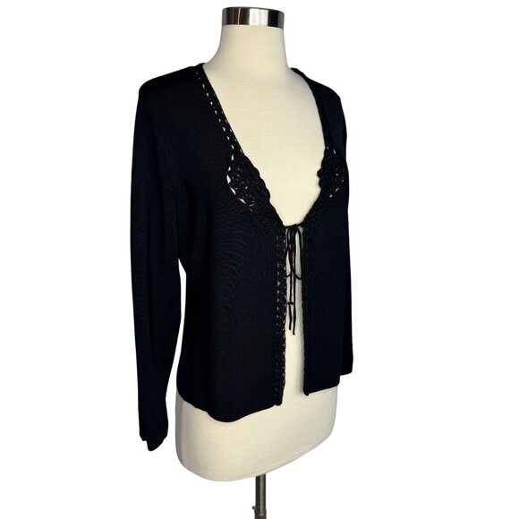 Vintage Talbots Black Tie‎ Front Cardigan - Crochet Trim Slinky Oversized Small - Picture 9 of 9